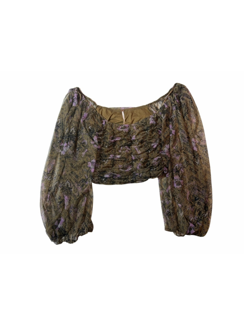 Free People Floral Mesh Ruched Puff Sleeve Crop Top XL Fairy Boho Blouse - Picture 7 of 7